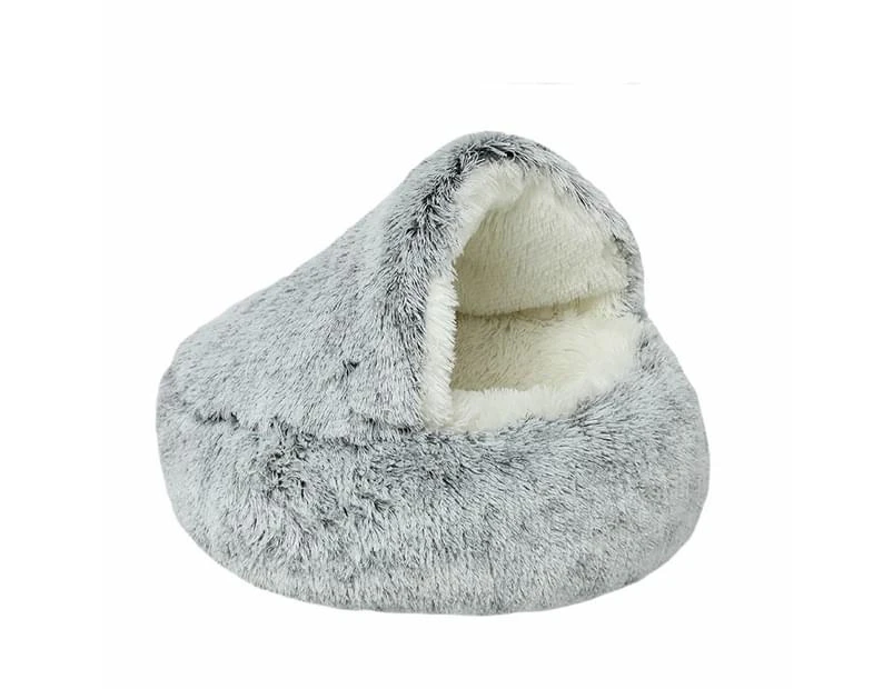 Round Plush Fluffy Hooded Cat Bed Cave, Cozy for Indoor Cats or Small Dog beds, Soothing Calm Anti-nxiety Bed Waterproof Bottom Washable (50cm, Grey)