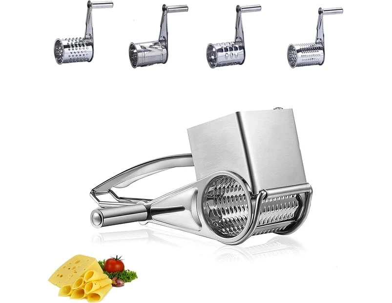 Rotary Cheese Grater 430 Stainless Steel Vegetable Shredder Cutter Grinder with 4 Drum Blades 4 in 1 (Silver)