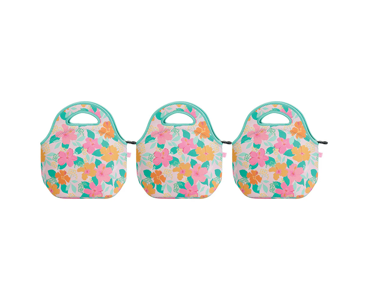 3x Annabel Trends 30cm Neoprene Lunch Bag Outdoor/School Food Storage Hibiscus