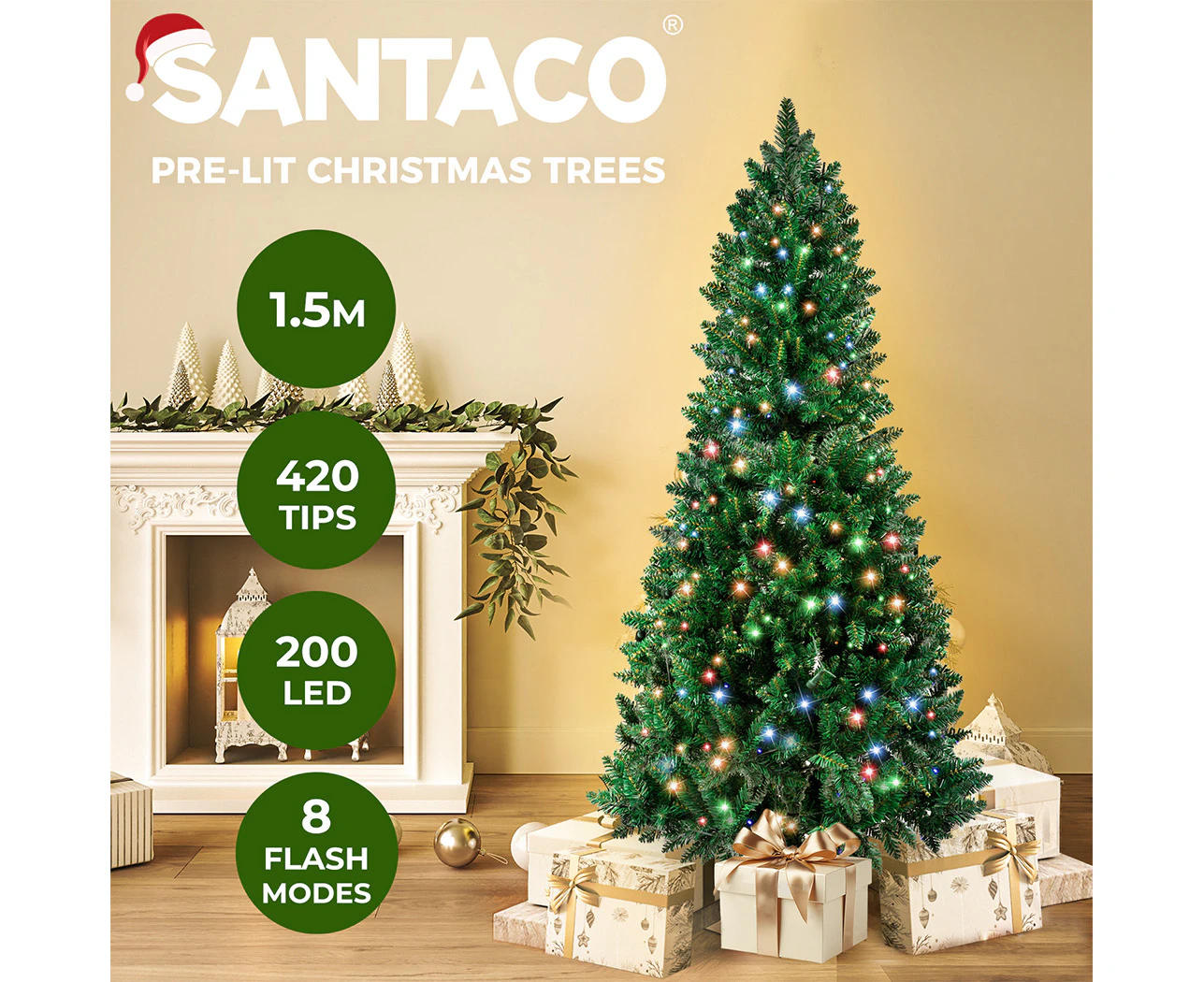 Santaco LED Pencil Christmas Tree Prelit Slim 1.5M Xmas Decor 8 Lighting Mode