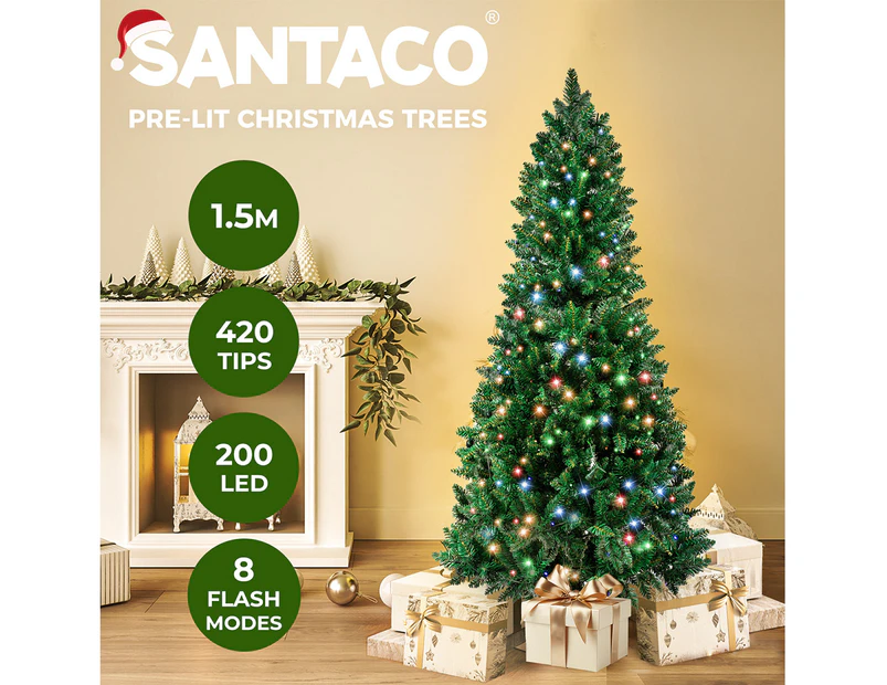 Santaco LED Pencil Christmas Tree Prelit Slim 1.5M Xmas Decor 8 Lighting Mode