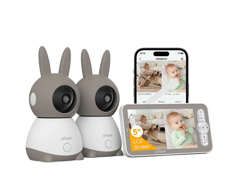 5" Full Colour Pan & Tilt 2K Split-Scree 2 Cameras Baby Monitor Digital Video/Sound