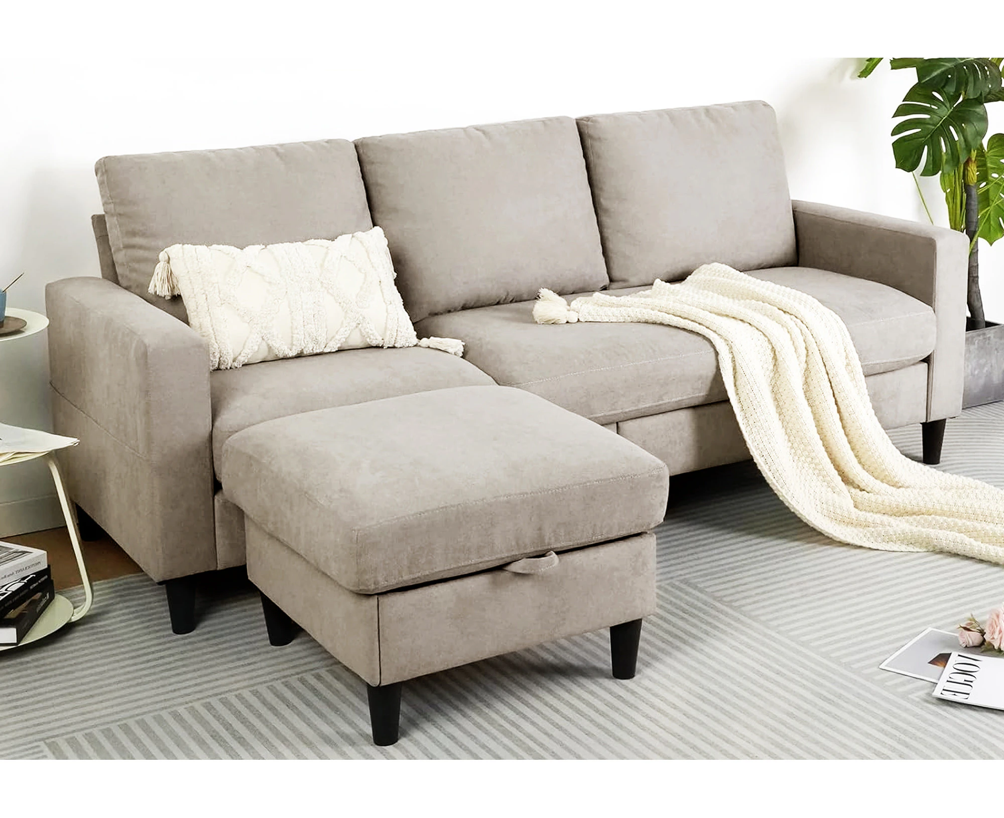 Advwin Sofa 3 Seater Sofa Modular with Storage Chaise Linen L Shape Corner Sofa Lounge Beige