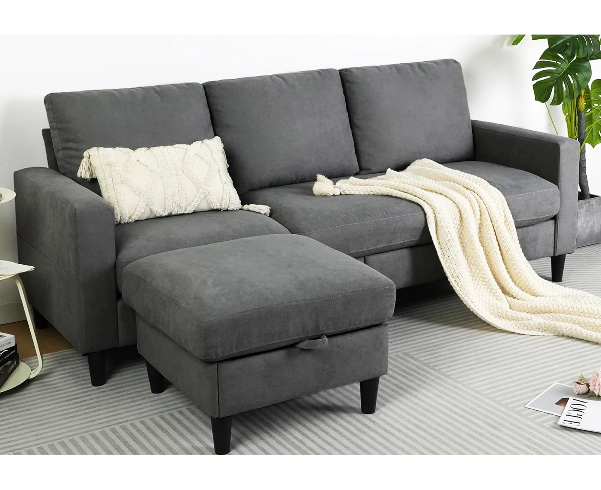 Advwin Sofa 3 Seater Sofa Modular with Storage Chaise Linen L Shape Corner Sofa Lounge Grey