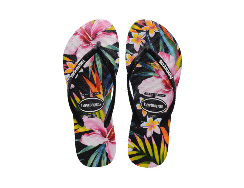 Havaianas Unisex Kids' Slim Floral Palm Thongs - Black