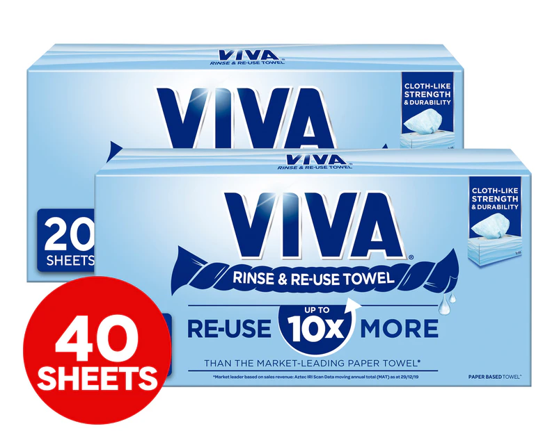 2 x 20pk Kleenex VIVA Rinse & Reuse Sheet Towels