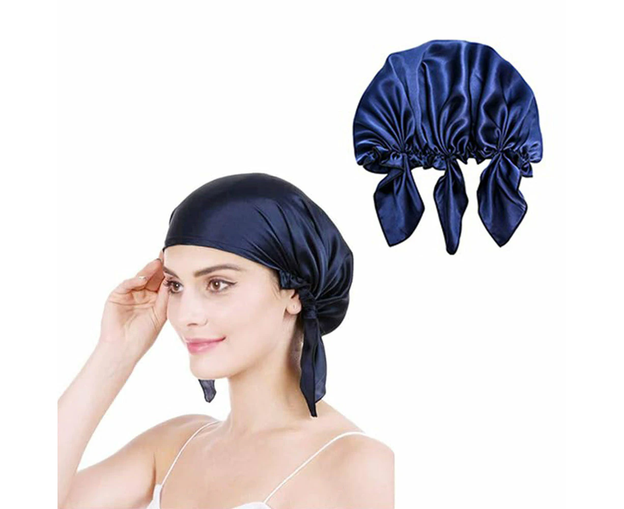 100% Mulberry Silk Night Cap Soft Sleeping Cap Hair Wrap Bonnet for Hair Care Navy