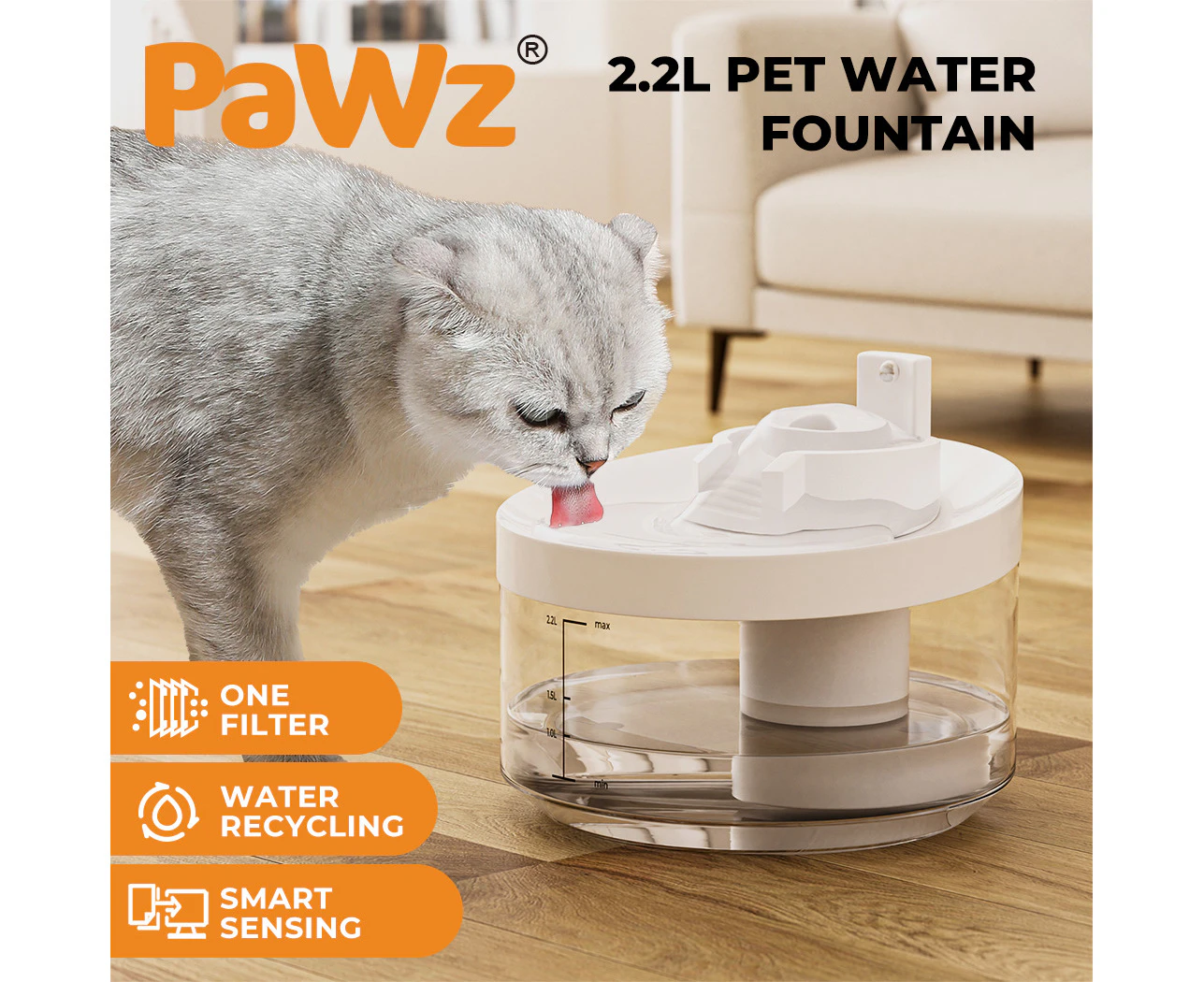 Pawz LED Automatic Electric Pet Water Fountain Dog Cat Drinking Dispenser 2.2L