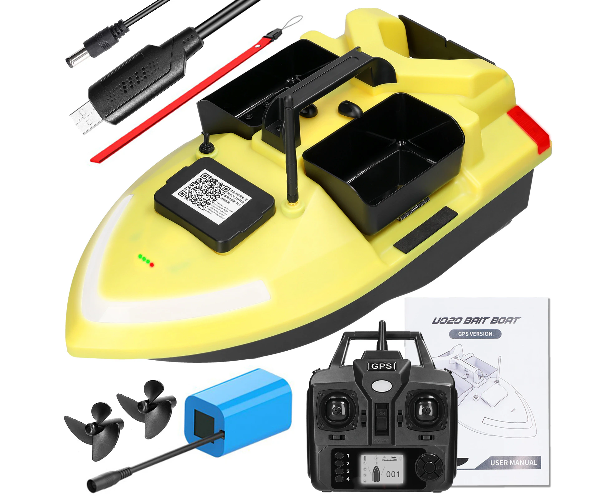 GPS Fishing Bait Boat 500m Remote Control Bait Boat Dual Motor Fish Finder 2KG Loading Support Automatic Cruise/Return/Route Correction with Night