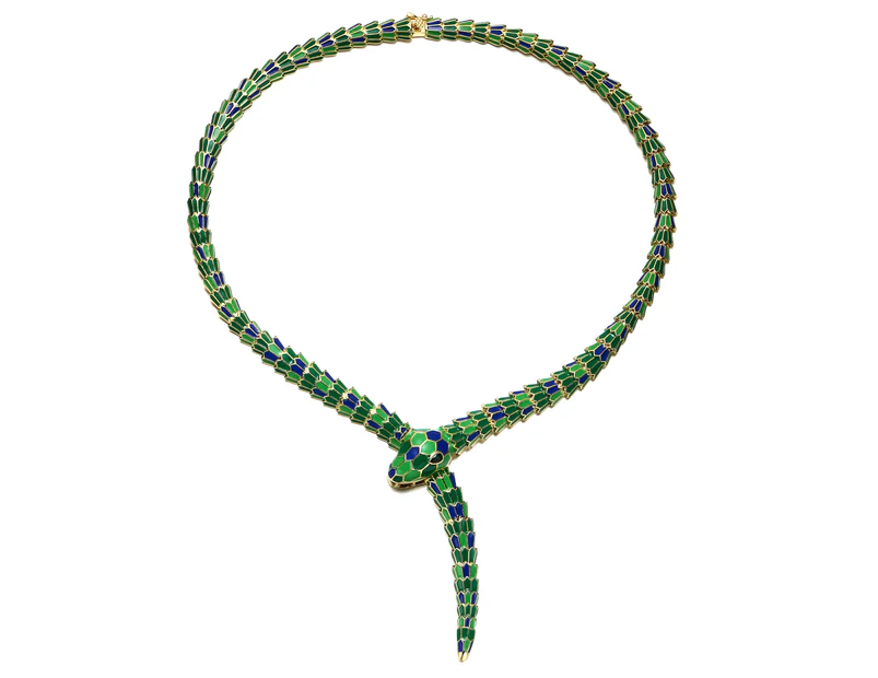 Rachel Glauber  Blue & Green Enamel Coiled Serpent Snake Stiff Collar Necklace