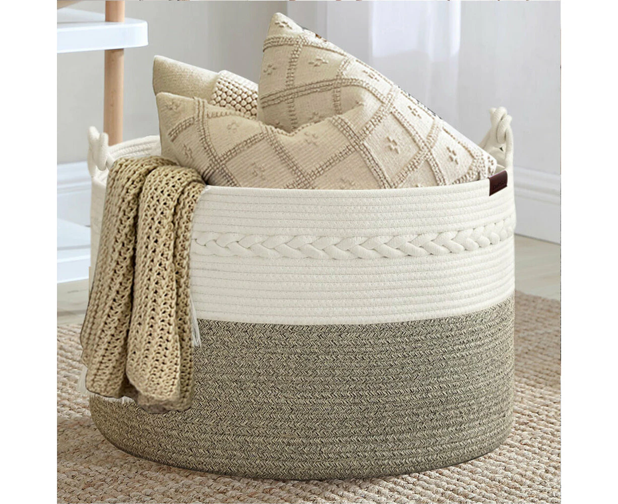 Large Woven Basket Blanket Storage Cotton Rope Laundry Hamper Clothes Organizer（50.8x50.8x33cm）