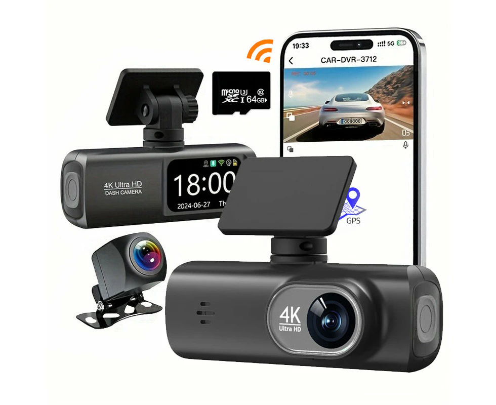 4k Front And Rear Dual Dash Cam Wifi Gps Car Camera With 64gb Sd Card