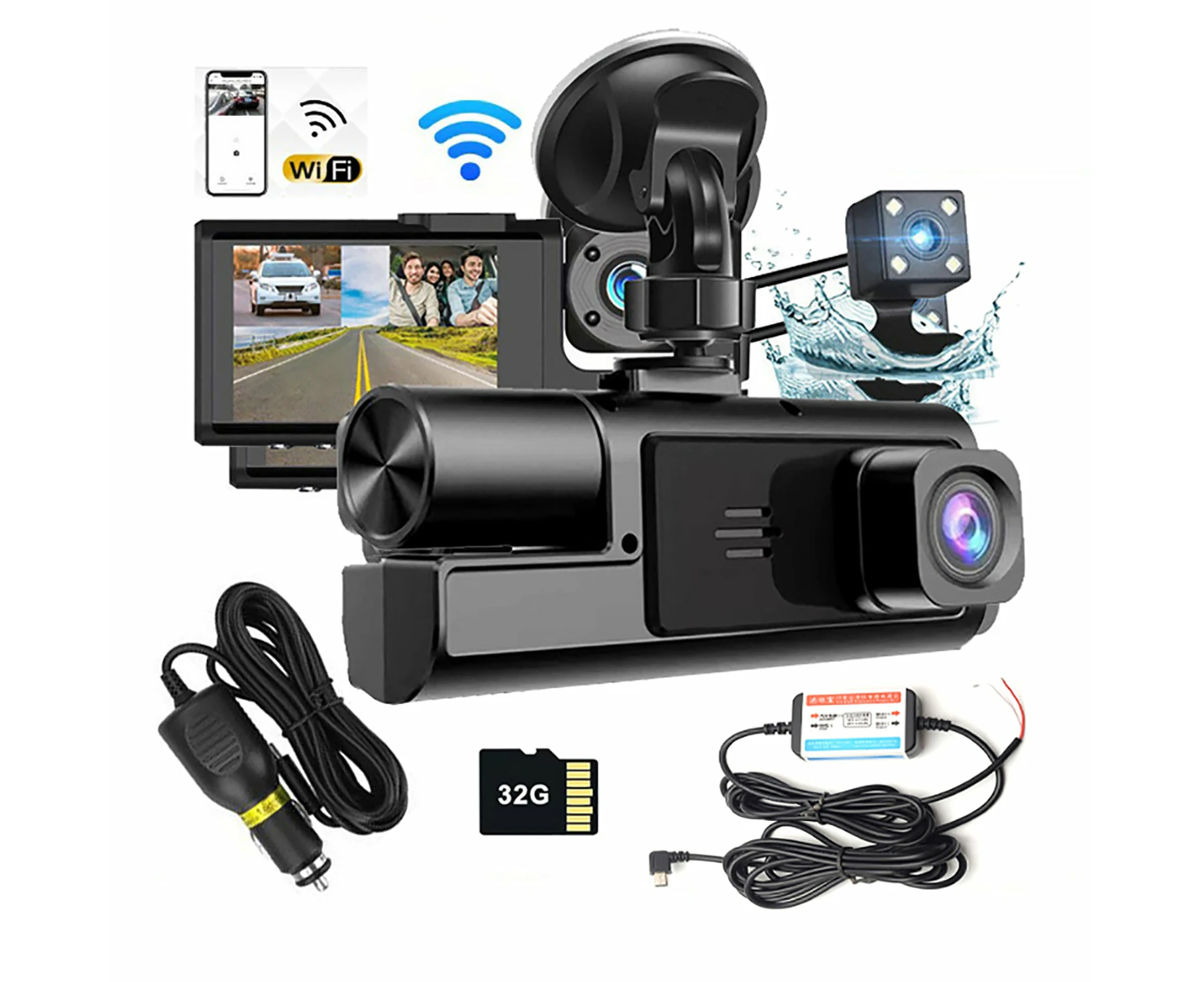 Wifi 3 Channels Dash Cam 1080p Full Hd Car Dashcam With Hardwire Kit And 32gb Card