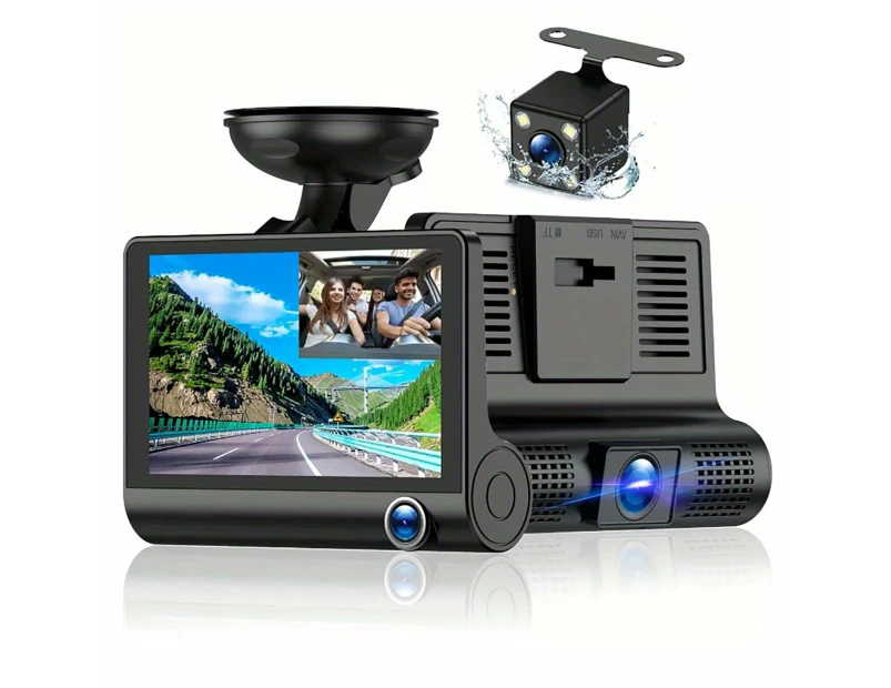 Front And Rear Triple Lens Dash Cam 1080p Hd 4-inch Touch Screen Wide-angle Lens