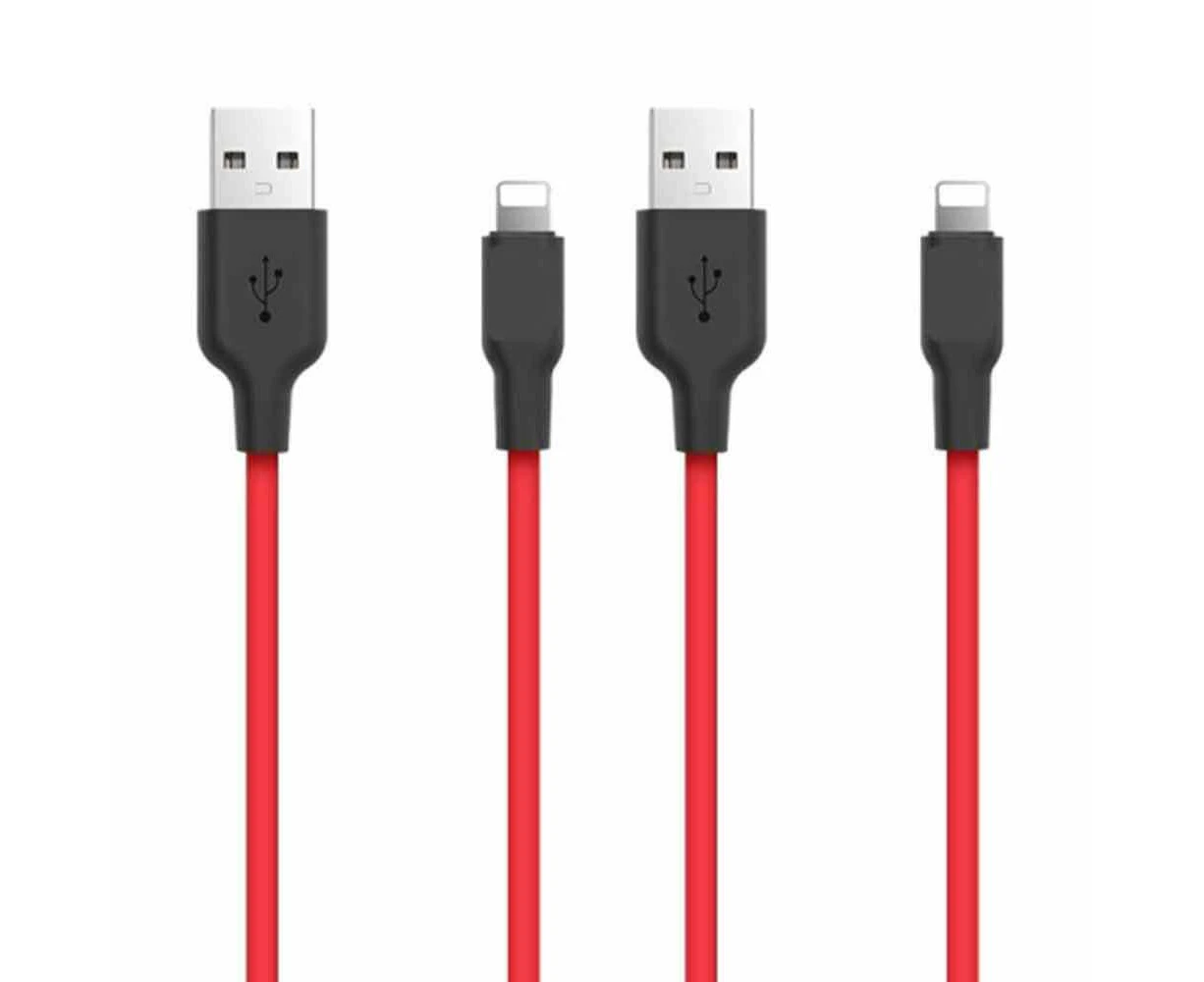 2x Philex 1m Silicone 2A Charge/Sync 8 Pin Cable to USB for Apple iPhone Red