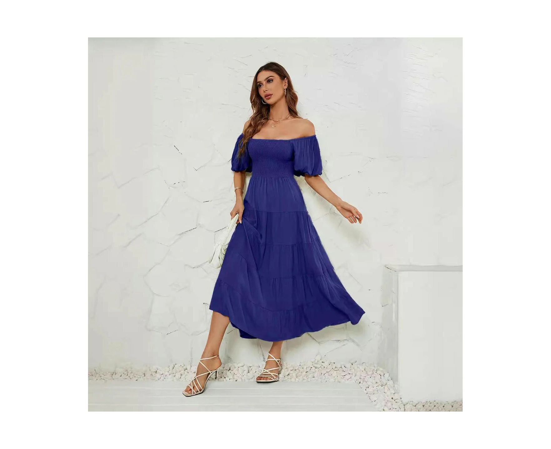 Women's Off Shoulder Wrap Puff Short Sleeve Smocked Ruffle Maxi Dress-blue