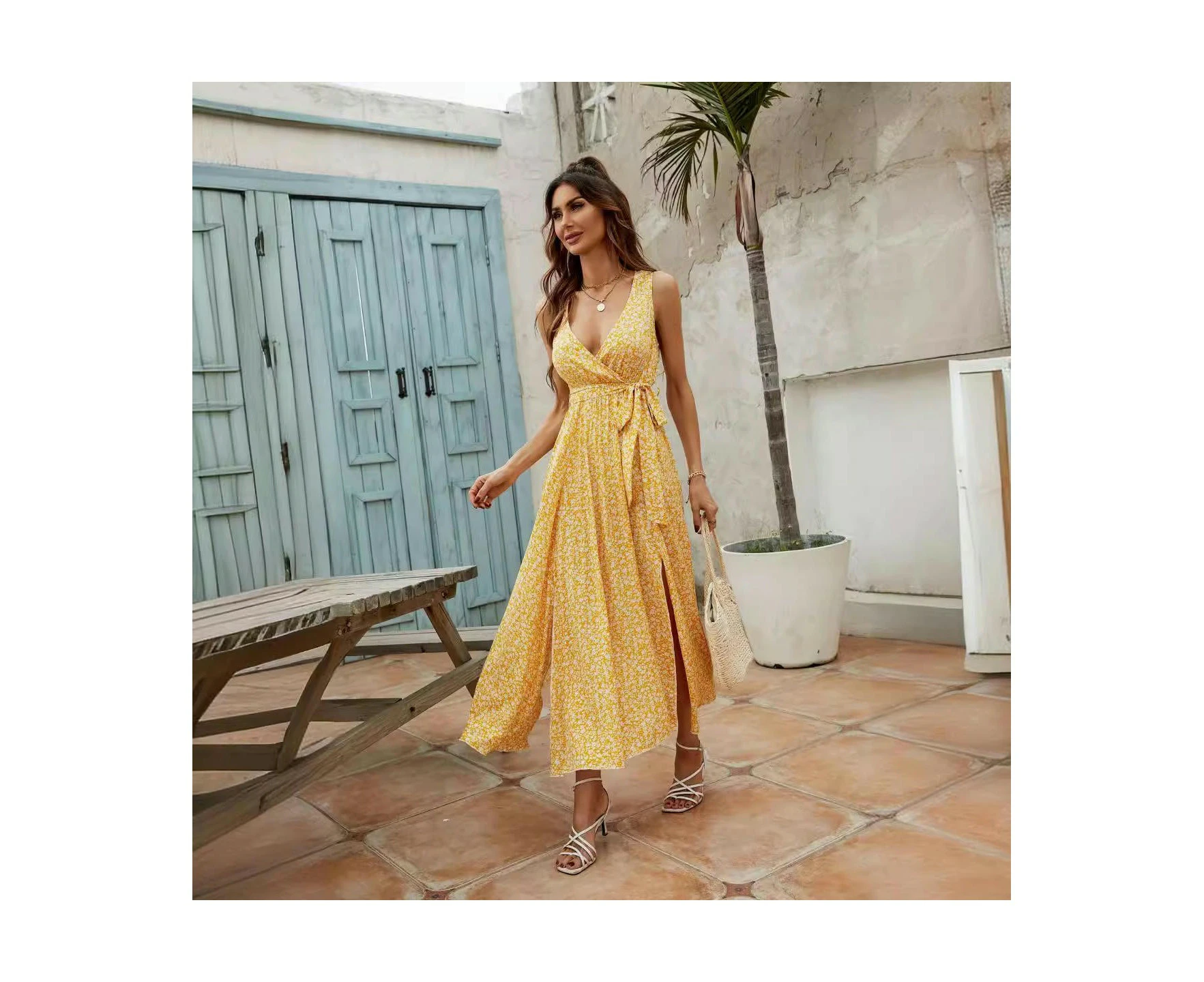 Women Sexy Deep V Neck Sleeveless High Slit Tie Summer Maxi Dresses-yellow