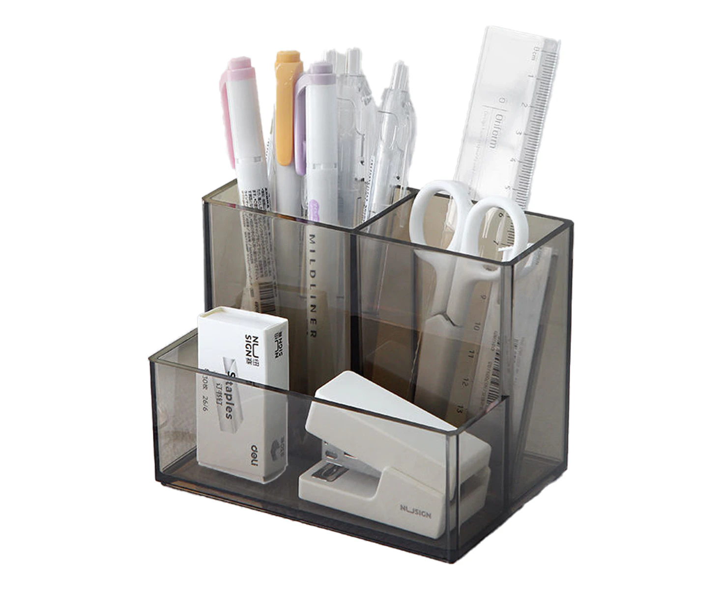 Acrylic Pen Holder 3 Compartments,Clear Pen Holder Organizer Makeup Brush Holder For Office Desk Accessories,Cosmetic Br,Light Gray