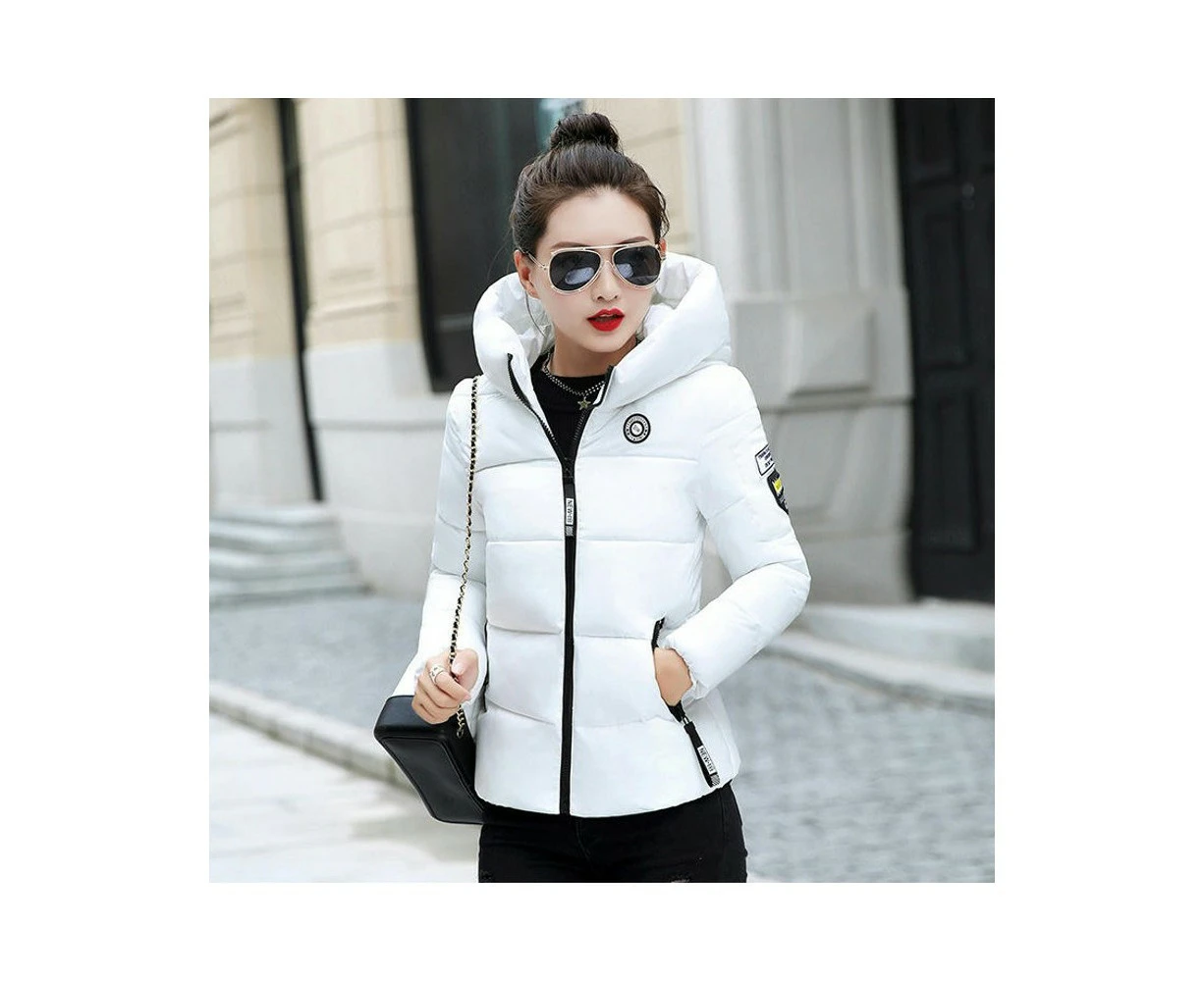 Women's Puffer Jacket Long Sleeve Hooded Padded Jacket Winter Short Zip Up Coat-White