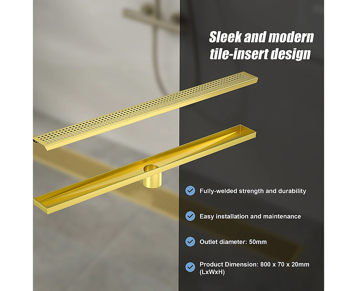 800mm Bathroom Shower Brushed Brass Grate Drain w/ Centre outlet Floor Waste