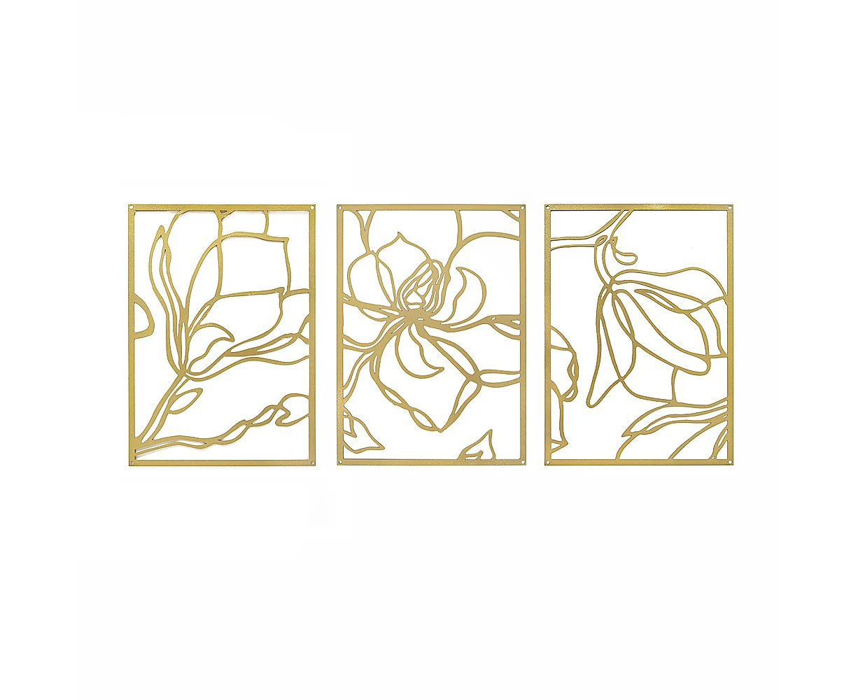 3 Piece Gold Flower Metal Wall Decor Abstract Floral Aesthetic Set of 3