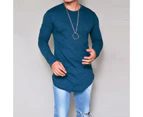 Mens Long Sleeve Slim Fit Longline T-Shirt Curved Hem Crew Neck Tee Shirt Autumn Winter