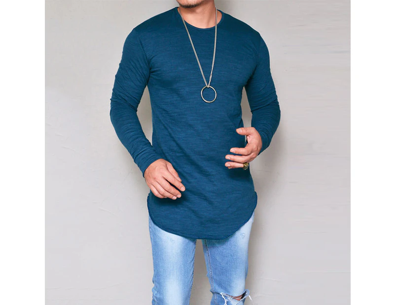 Mens Long Sleeve Slim Fit Longline T-Shirt Curved Hem Crew Neck Tee Shirt Autumn Winter