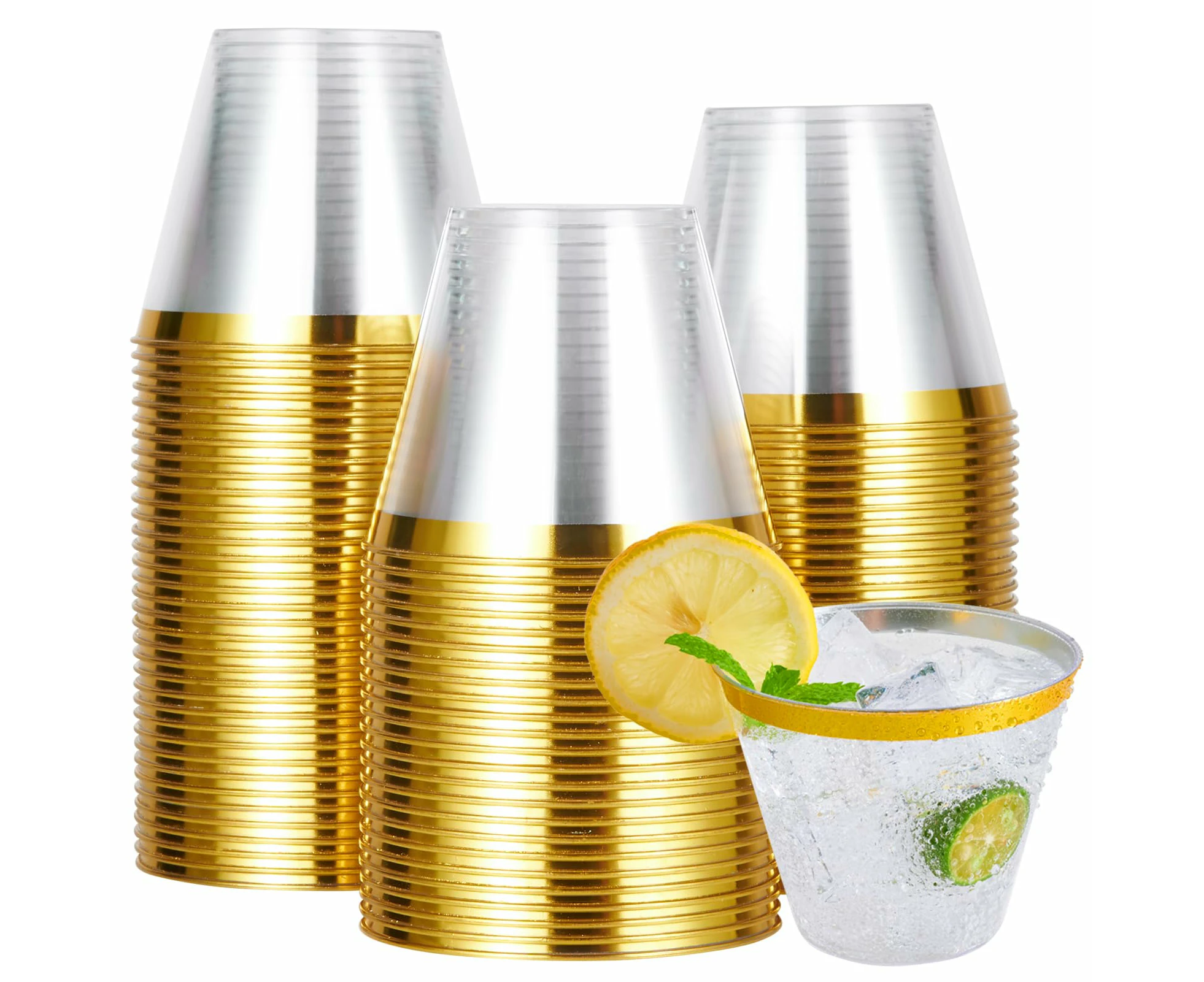 WSECOMM 100 Pack Golden Plastic Cups, 9 oz Clear Plastic Cups Tumblers, Elegant Golden  Rimmed Plastic Cups, Disposable Cups with Golden  Rim Perfect