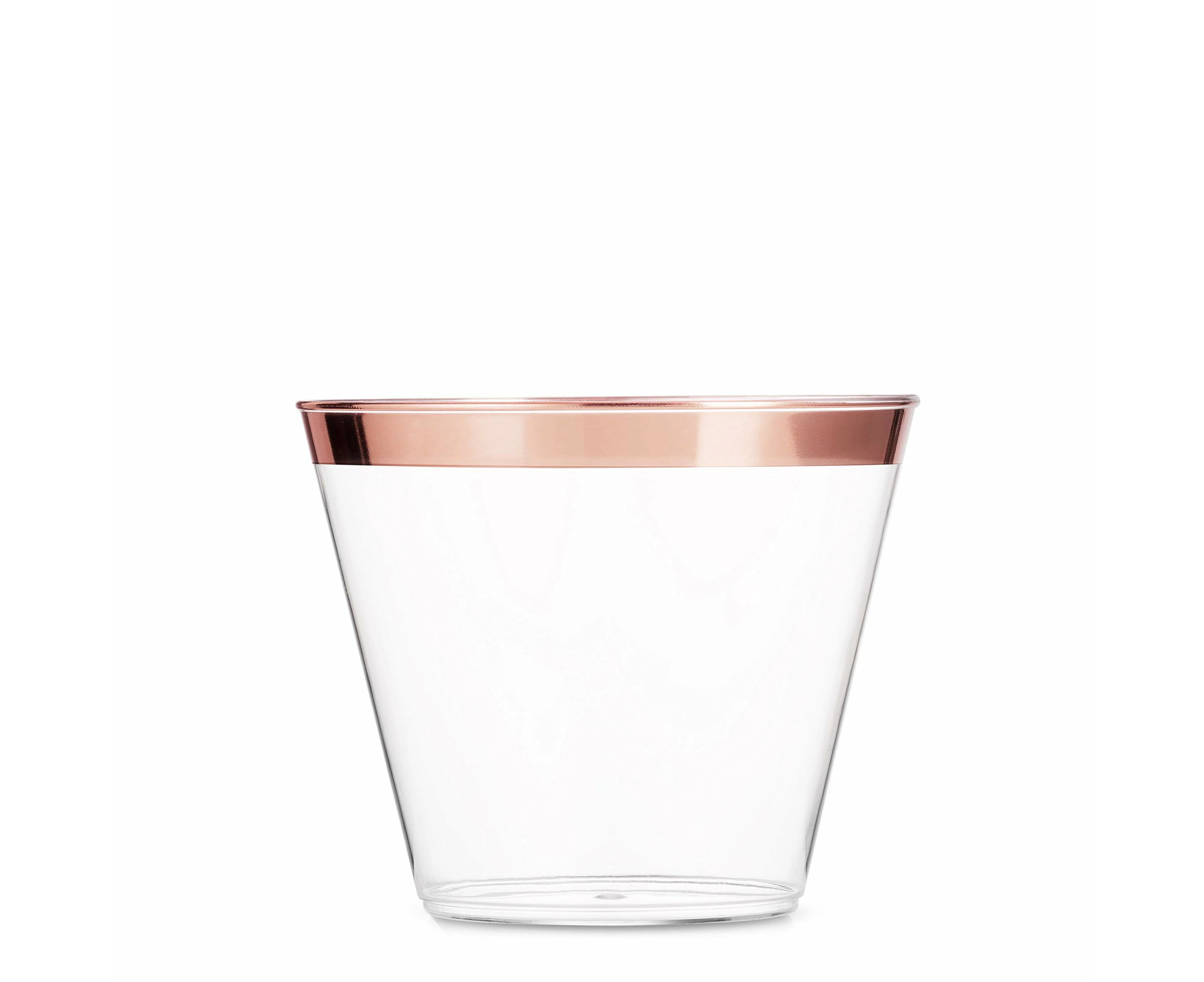 WSECOMM 100 Rose Gold Plastic Cups 9 Oz Clear Plastic Cups Old Fashioned Tumblers Rose Gold Rimmed Cups Fancy Disposable Wedding Cups Elegant Party C