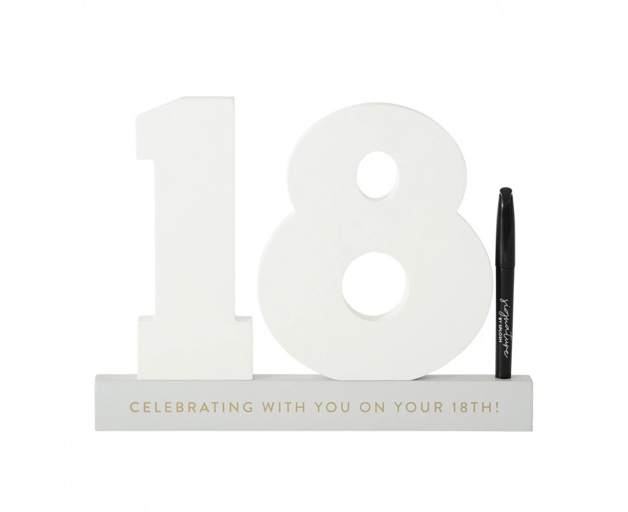 Splosh 18th Birthday Wooden Signature Number w/ Marker Keepsake 29x21cm White