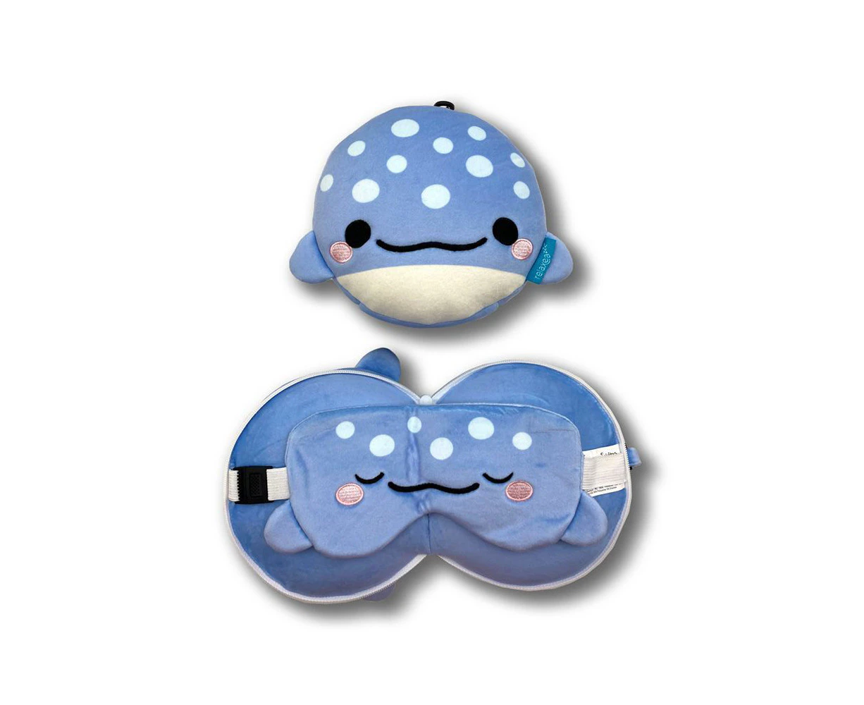 2pc Relaxeazzz Kids Whale Shark Travel Pillow Plush Toy & Sleeping Eye Mask Blue