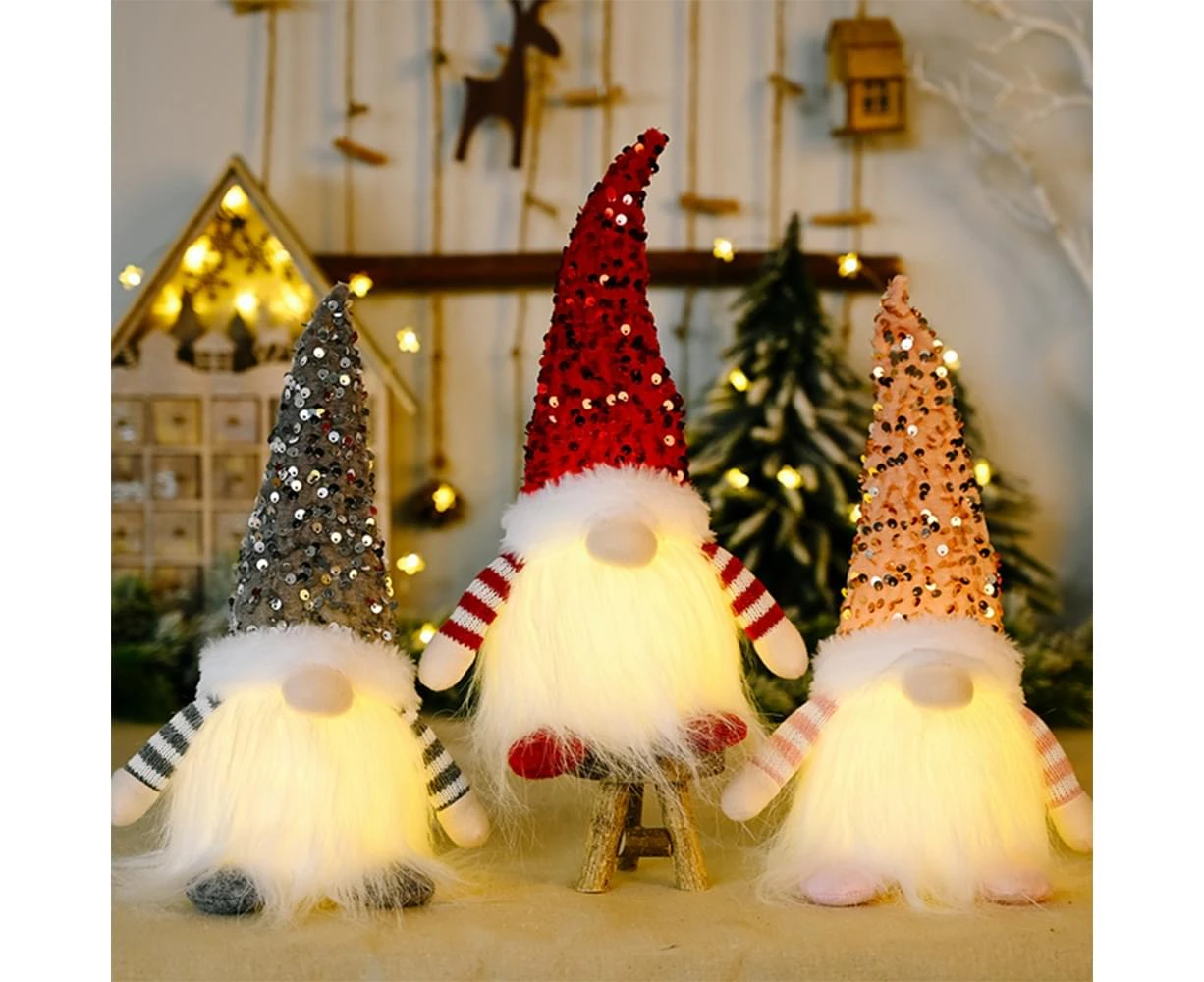 3 Pack Christmas LED Lighted Plush Knitted Santa Doll Figurines Ornaments for Kids