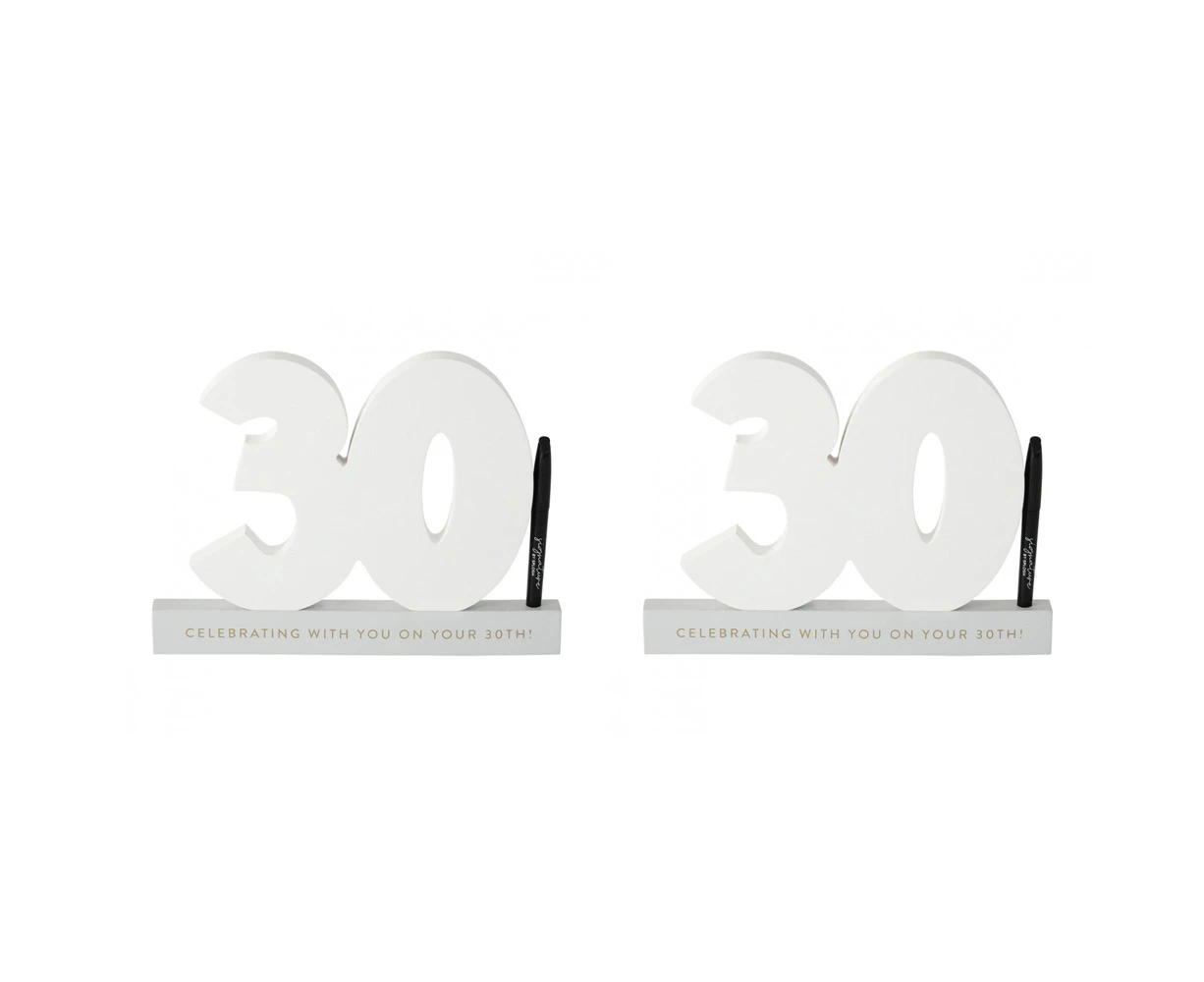 2x Splosh 30th Birthday Wooden Signature Number w/ Marker Keepsake 29x21cm White