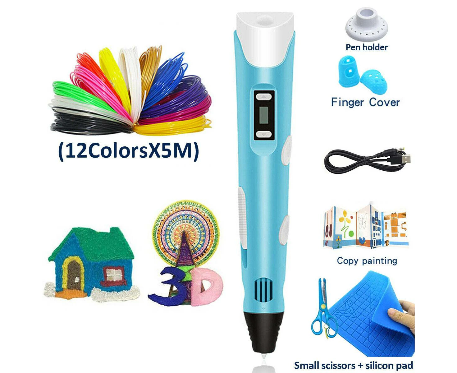 3D Printing Pen Set Doodle Printer Drawing 12 Colors PLA Filament Gift For Kids-Blue