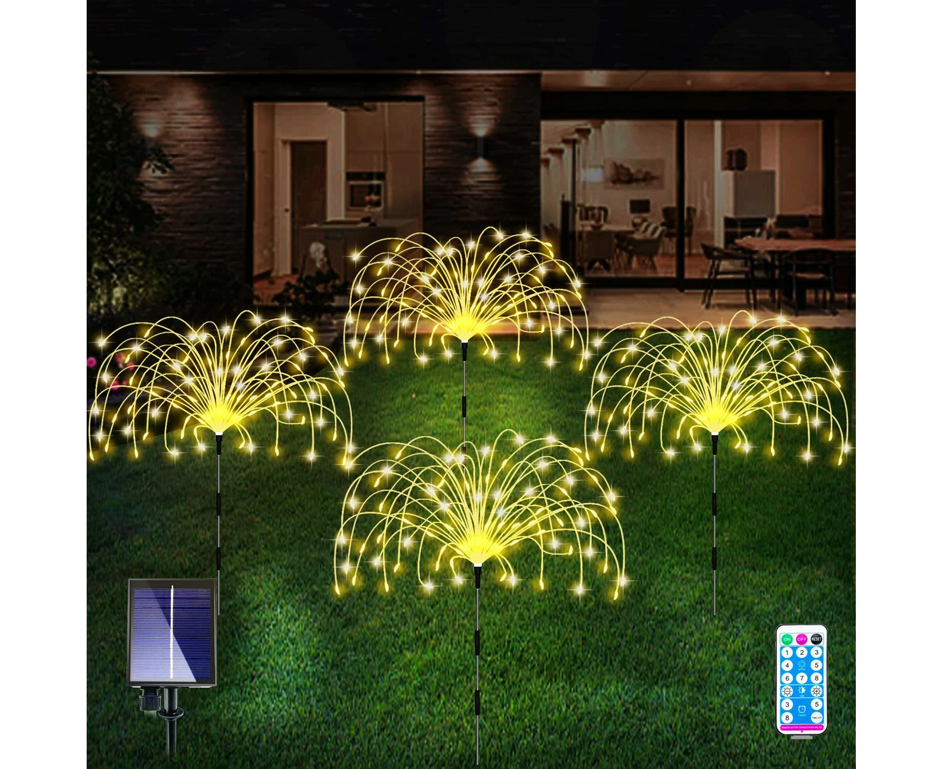 4 Pack Solar Garden Lights, 120 LED Fireworks Lights, 8 Lighting Modes with Remote Control, Waterproof (Warm White).