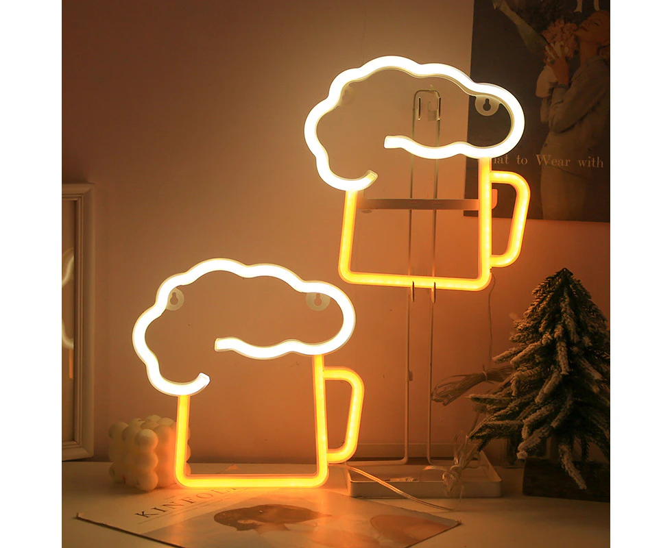 Beer Neon Sign for Wall Decor, LED Light for Bar and Store, Battery or USB Powered, White Yellow, 2pcs