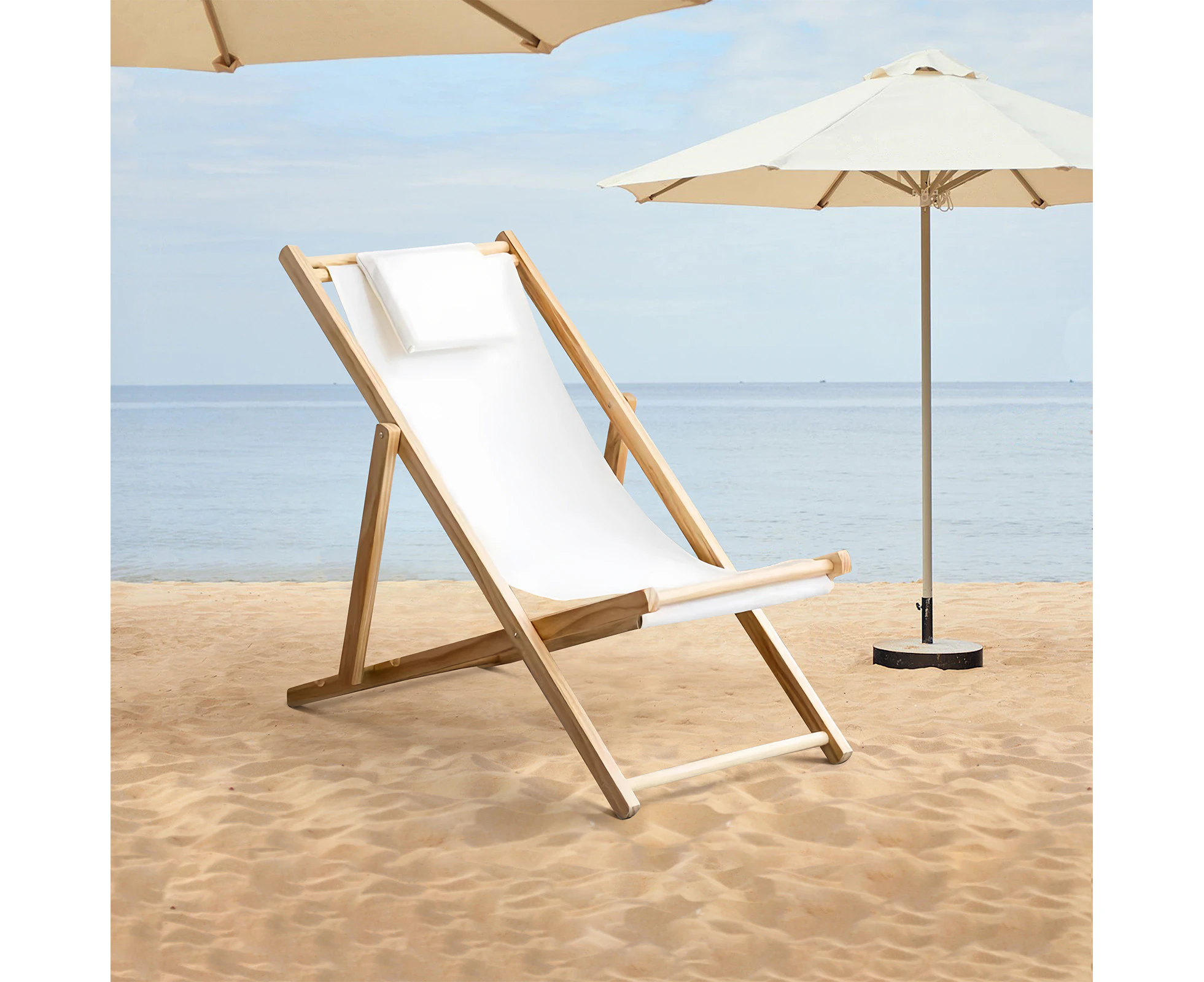 Foldable Sling Chair Wooden Outdoor Deck Chair Sun Lounge Beach Chair Patio Furniture White