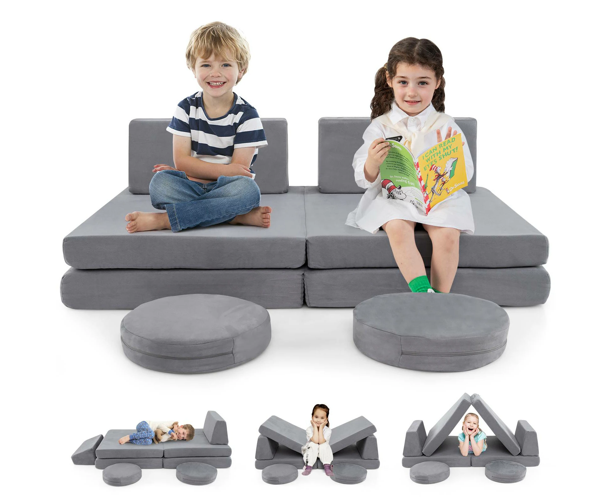 Costway 6PCS Modular Play Sofa Funiture Set Convertible Foam Couch w/Infinite Combination Grey