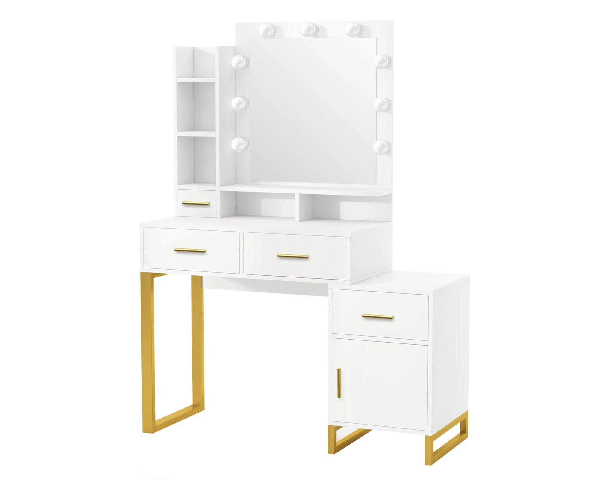 Hollywood Mirror Makeup Table Vanity Dressing Desk Dresser Bedroom Furniture with 9 LED Lights 4 Drawers Storage Shelves 3 Lighting Colours