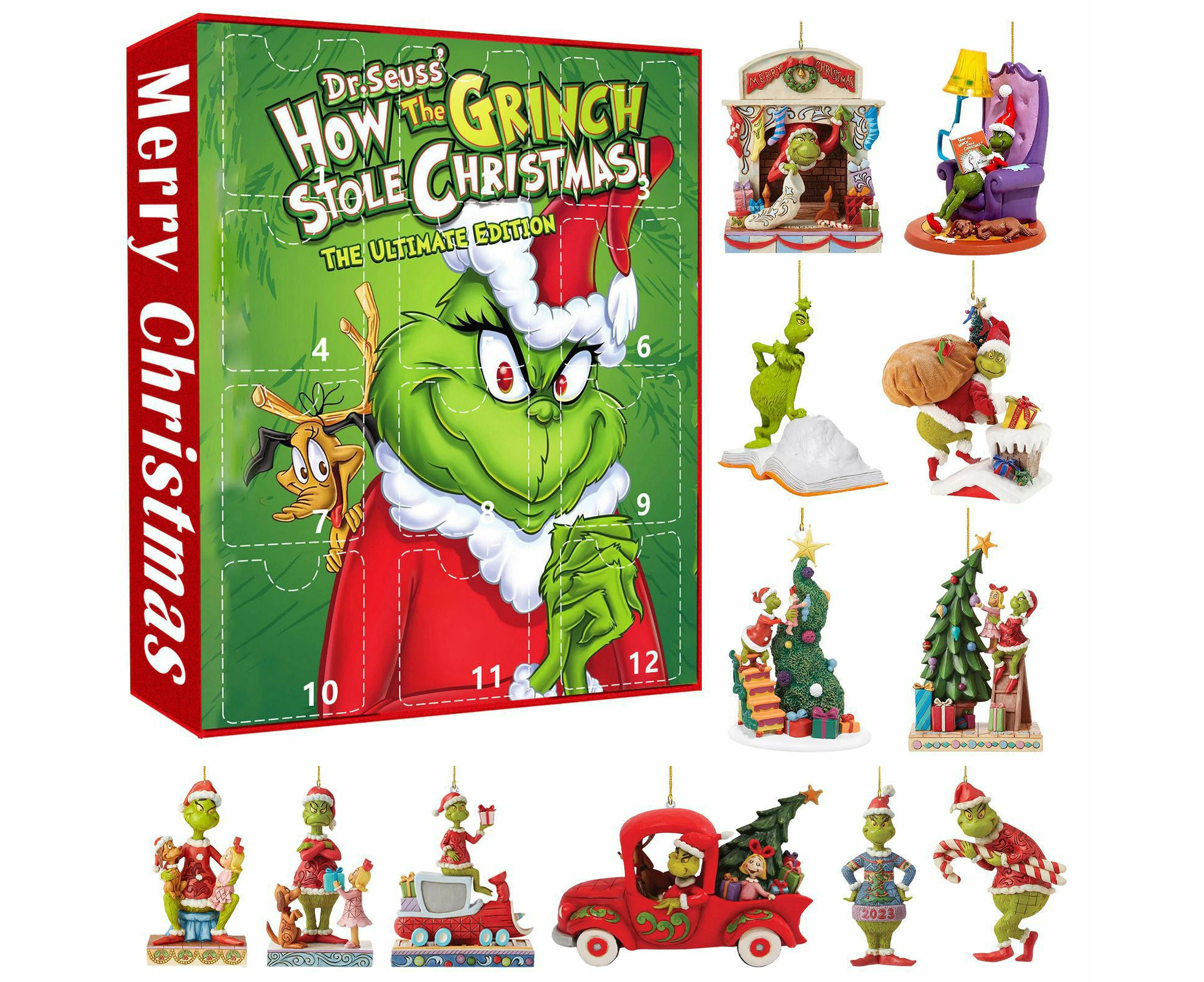 Green Monster Grinch Advent Calendar Set of 12 Cute Cartoon Figures Dolls for Christmas Holiday Stocking Stuffer GJ171-002