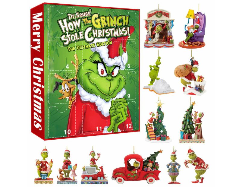 Green Monster Grinch Advent Calendar Set of 12 Cute Cartoon Figures Dolls for Christmas Holiday Stocking Stuffer GJ171-002