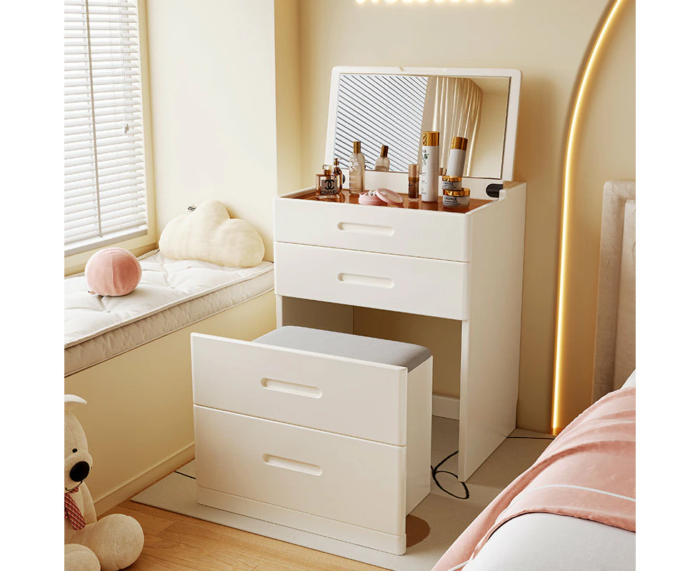 White Rubberwood  Dressing Table Bedside Tables 2-in-1 Set with Mirror