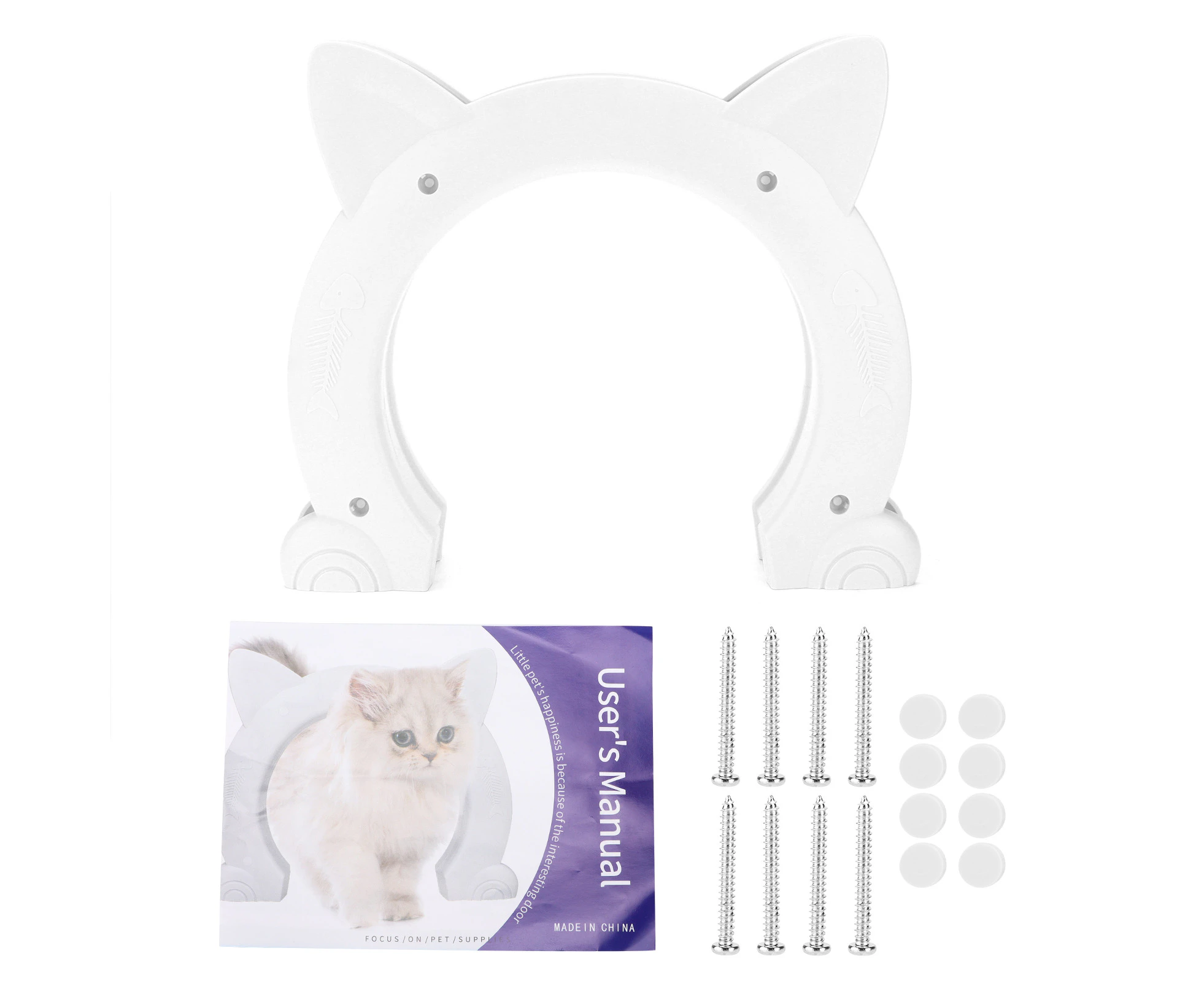 Cat Door Interior CatHead Shaped Plastic Cat Pass Through Door with Fish Bone Pattern(White )