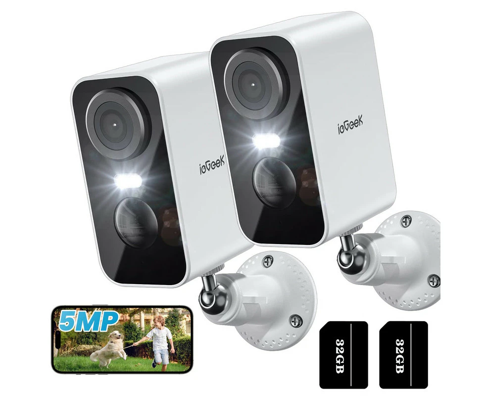 2PACK 5MP Security Cameras Wireless Outdoor - Smart WiFi Camera System for Home Surveillance, Battery Powered Cam mit 2pcs 32gb Memory Card