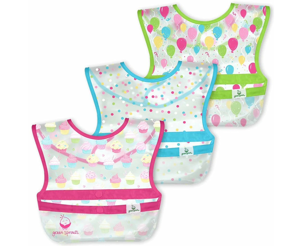 Green Sprouts | Bibs Snap & Go Wipe-off (3 pack) 9-18months - Pink Cup Cake