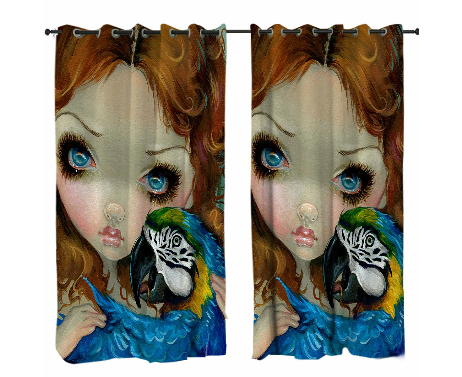 Faces of Faery #223 Redhead Girl with Macaw Parrot Curtain - Single / Set of Two