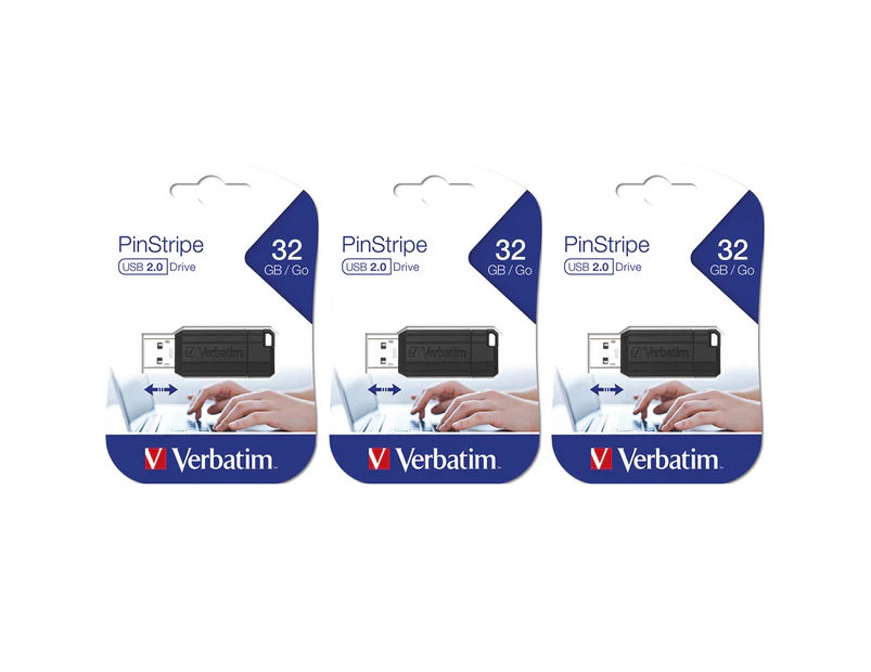 3PK Verbatim Store'n'Go Pinstripe 32GB USB Storage Stick Drive For Laptop/PC BLK