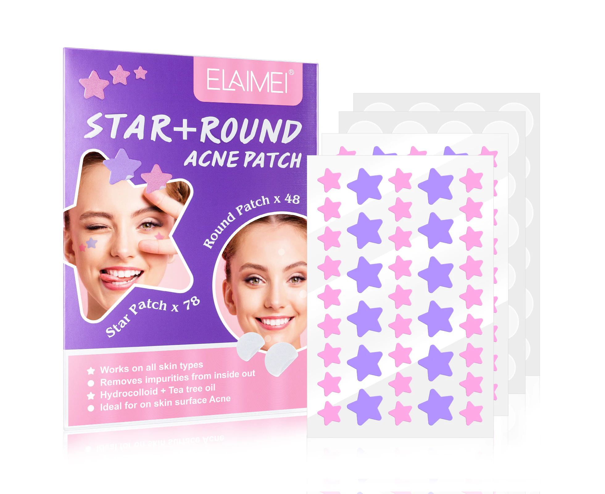 Elaimei Star + Round Acne Patches Pimple Removal Facial Spot Blemish Control Hydrocolloid Plasters Genuine Skin Care (126pcs)