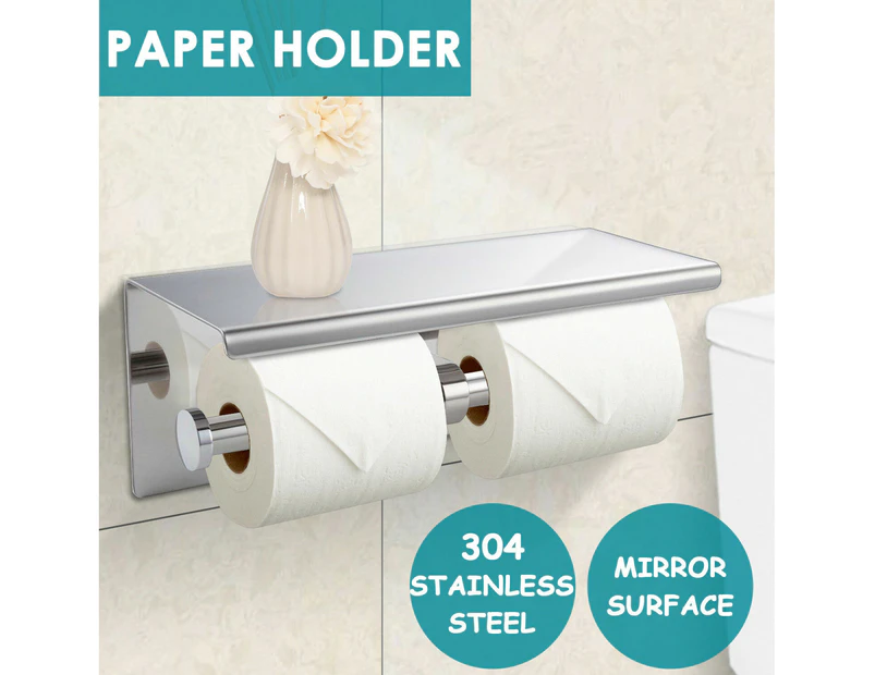 Toilet Paper Holder Double Roll Stainless Steel Hook Bathroom Rack Wall Silver