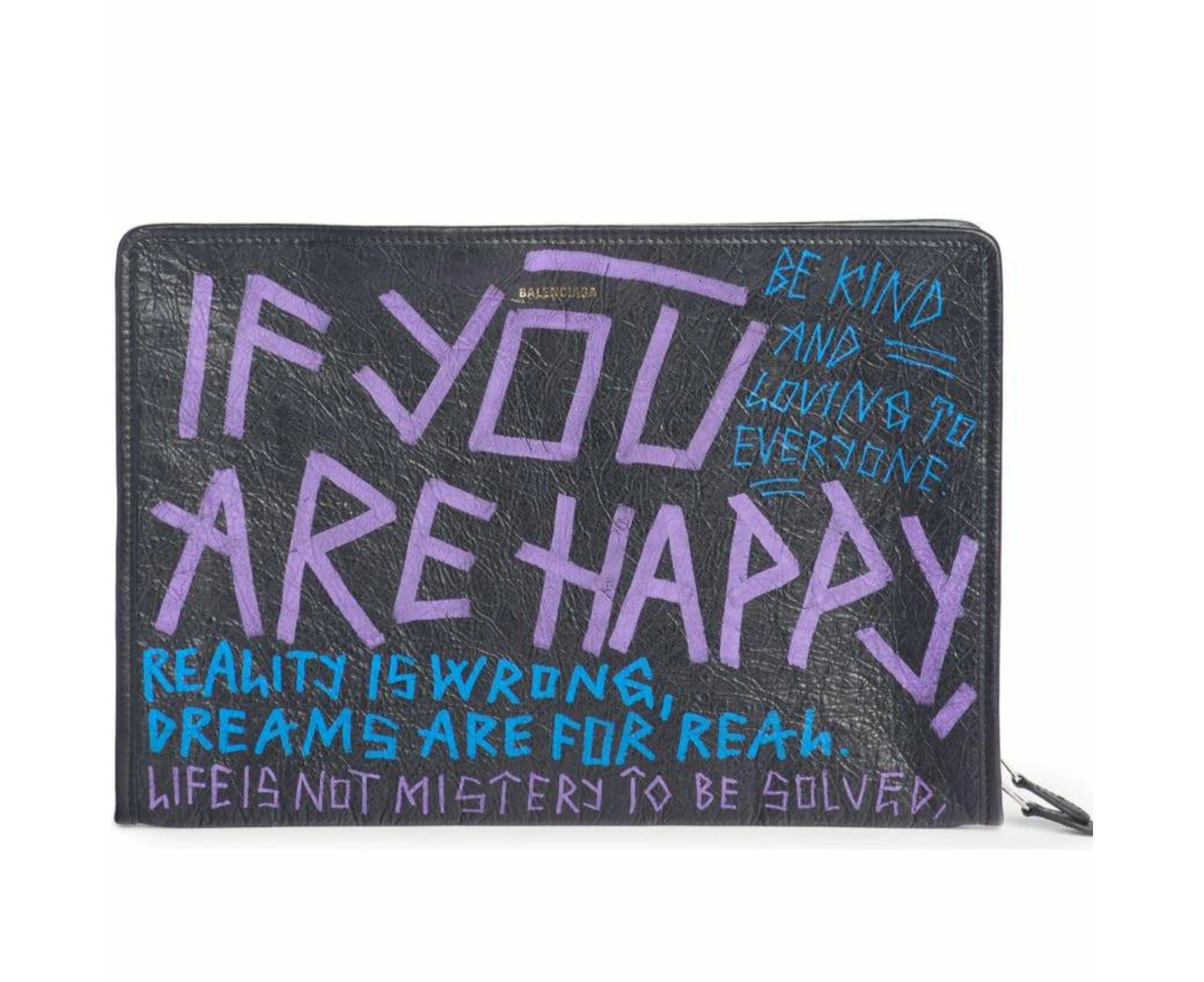 Balenciaga Bazar Graffiti Purple Blue Black Arena Leather Pouch